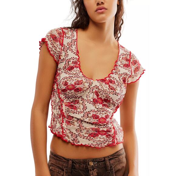 Free People Oh My Baby Tee Red & White Cropped Size S - Picture 1 of 10